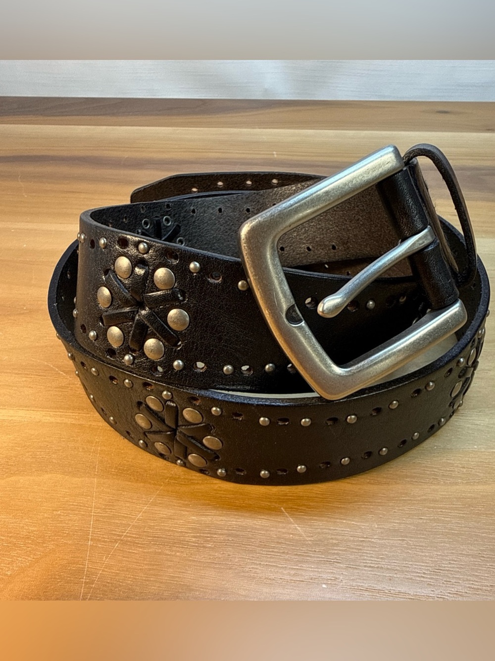 VTG Y2K FOSSIL Very Dark Brown / Black Studded Genuine Leather Belt Sz L Buckle